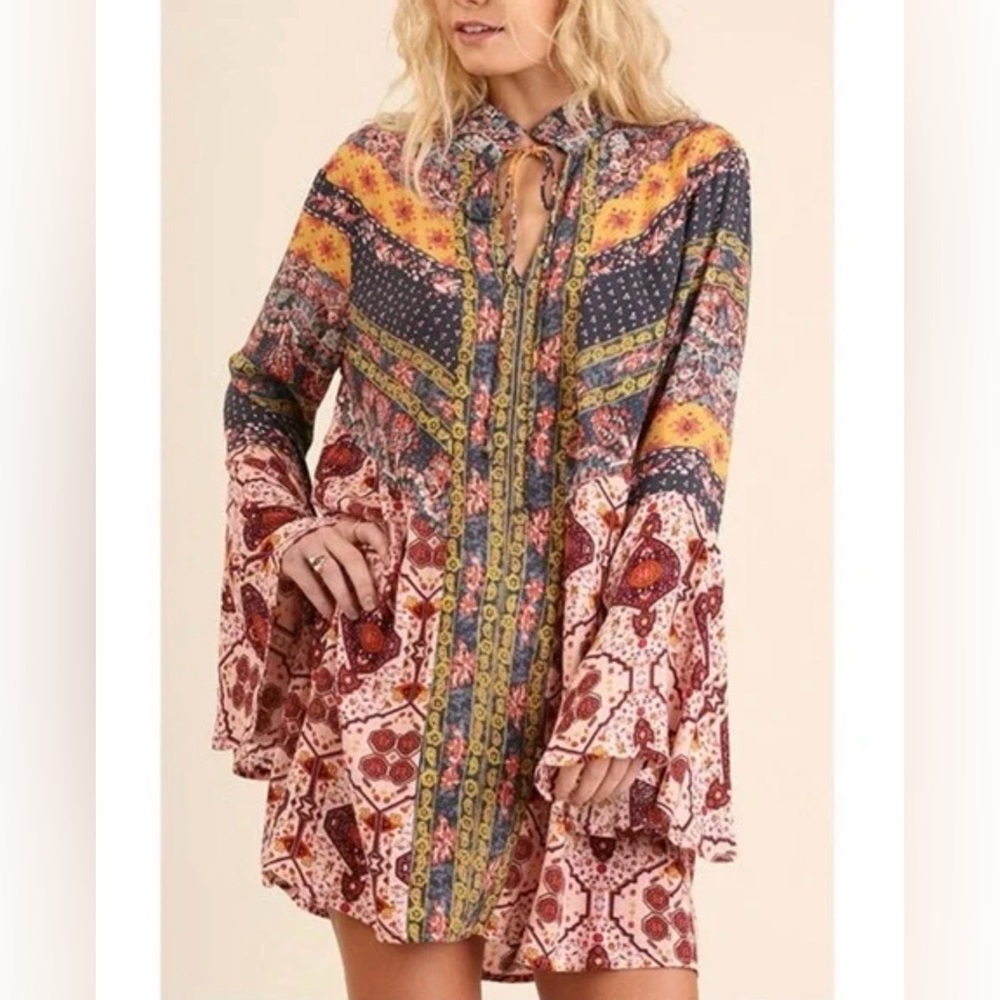 NWT Umgee Mixed Print Boho Mini Dress Bell Sleeves Ruffled Neck Tie Patchwork sm